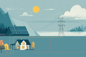 En bild som illustrerar flödet av el från solceller på ett tak till elnätet, med en symbolisk representation av ett skandinaviskt landskap i bakgrunden.