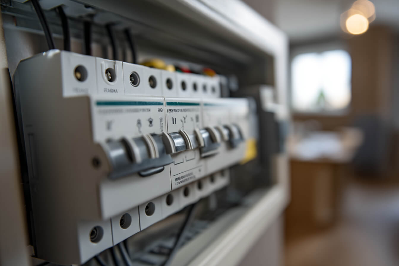 En elcentral i ett skandinaviskt hem med automatsäkringar och jordfelsbrytare, som illustrerar elsäkerhet och korrekt installation. Ingen text.