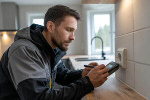 En behörig elektriker utför en elkontroll på ett eluttag i ett skandinaviskt kök, vilket understryker vikten av professionell hjälp för elsäkerhet.