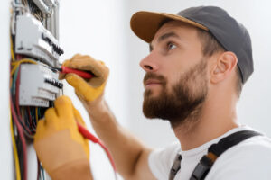En elektriker inspekterar en elpanel i ett modernt hem. Fokus på Elsäkerhetsverkets behörighet.