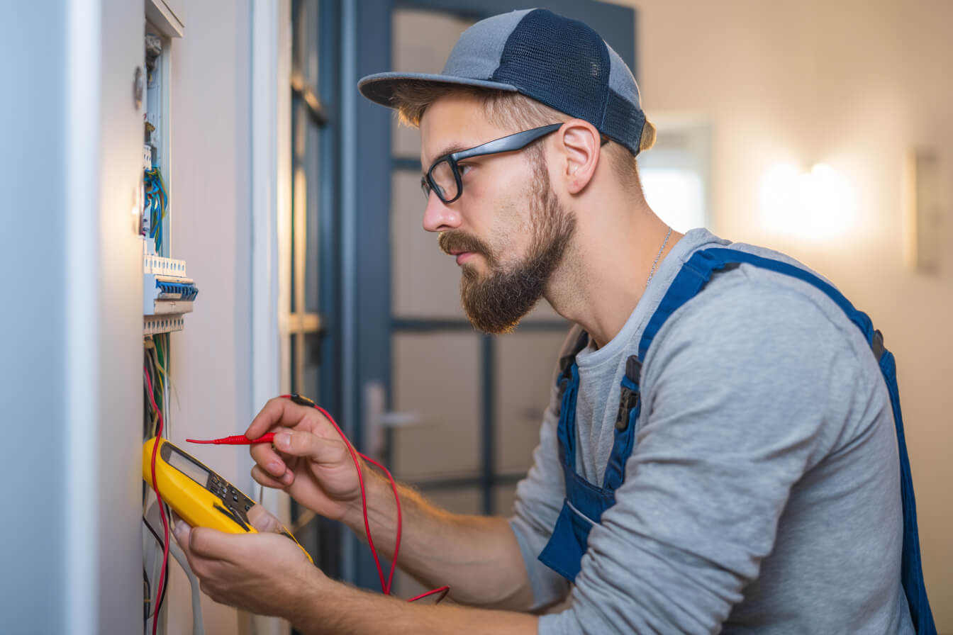 En behörig elektriker som inspekterar ledningar i ett äldre svenskt hus. Ingen text.