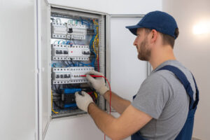 En elektriker reparerar en elcentral i ett modernt svenskt hem under en eljour. Fokuserar på felsökning el akut och säkerhet.