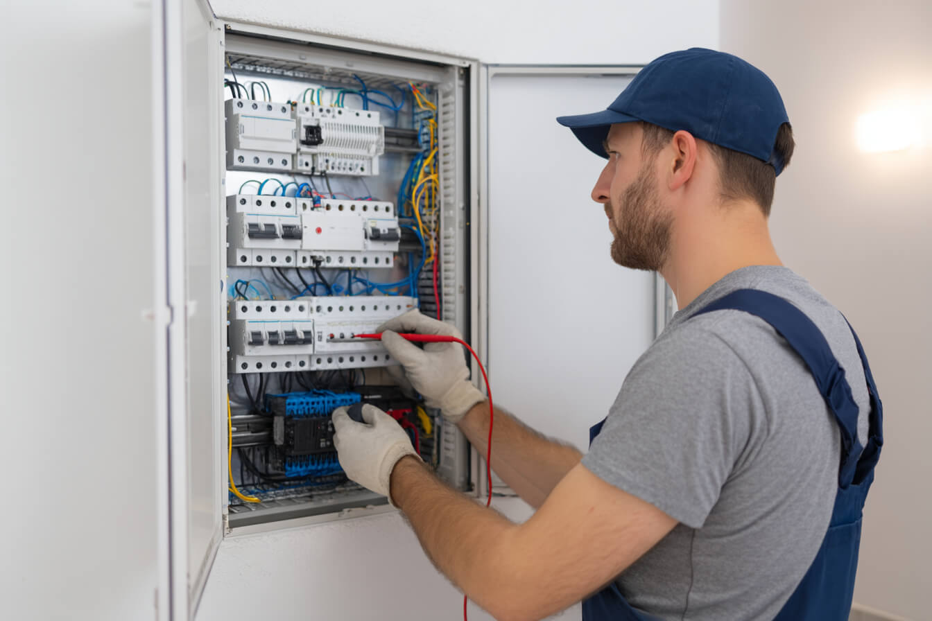 En elektriker reparerar en elcentral i ett modernt svenskt hem under en eljour. Fokuserar på felsökning el akut och säkerhet.