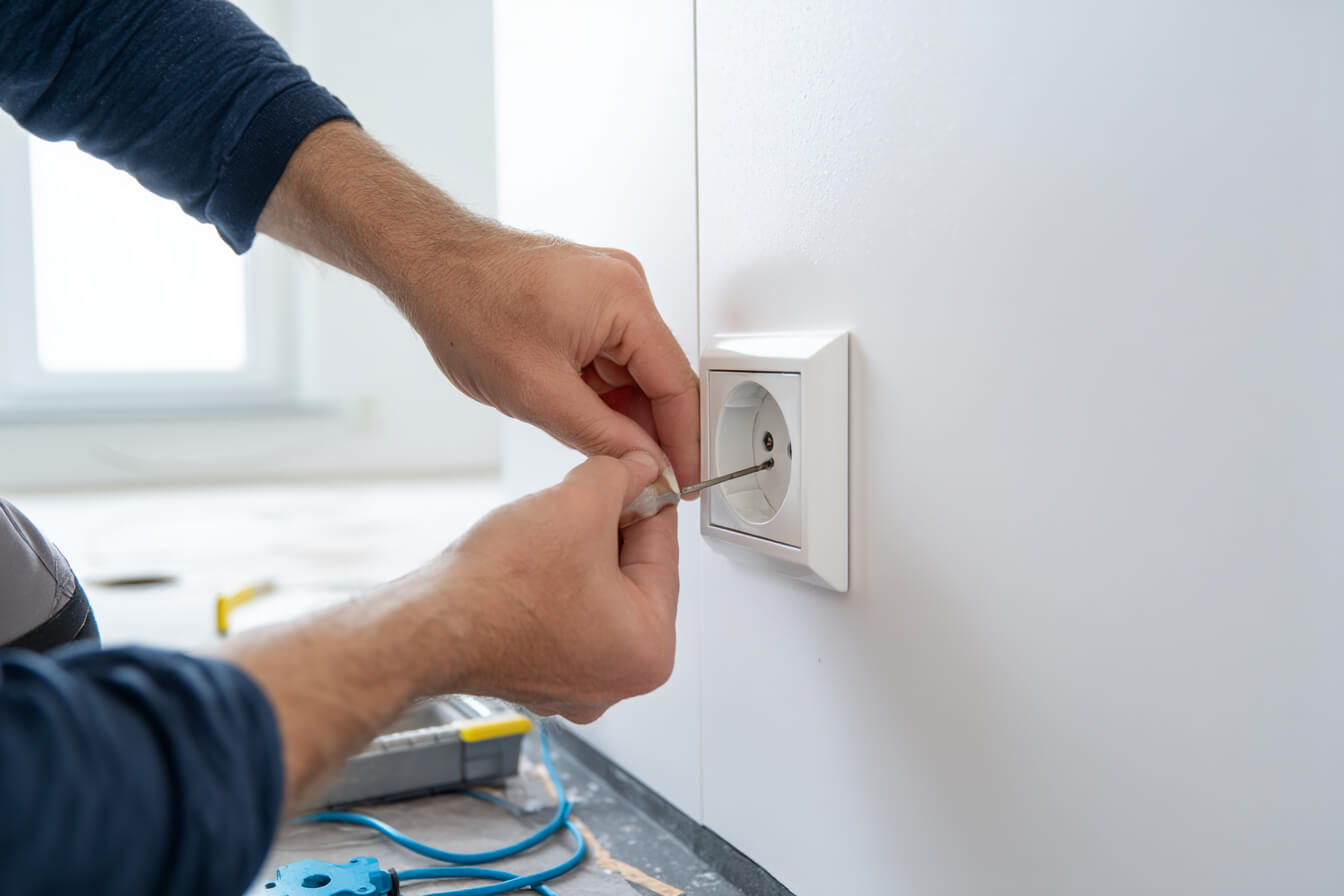 En elektriker installerar ett eluttag i ett nyrenoverat kök. Korrekt kabeldragning och säkerhet är avgörande vid elinstallationer.