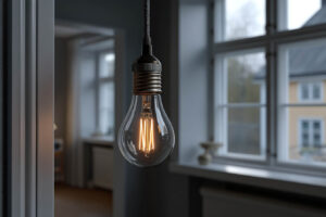 Ett flimrande ljus i ett äldre hus indikerar potentiella problem med elsystemet. Fokus på säkerhet och vikten av att åtgärda elektriska problem i tid.