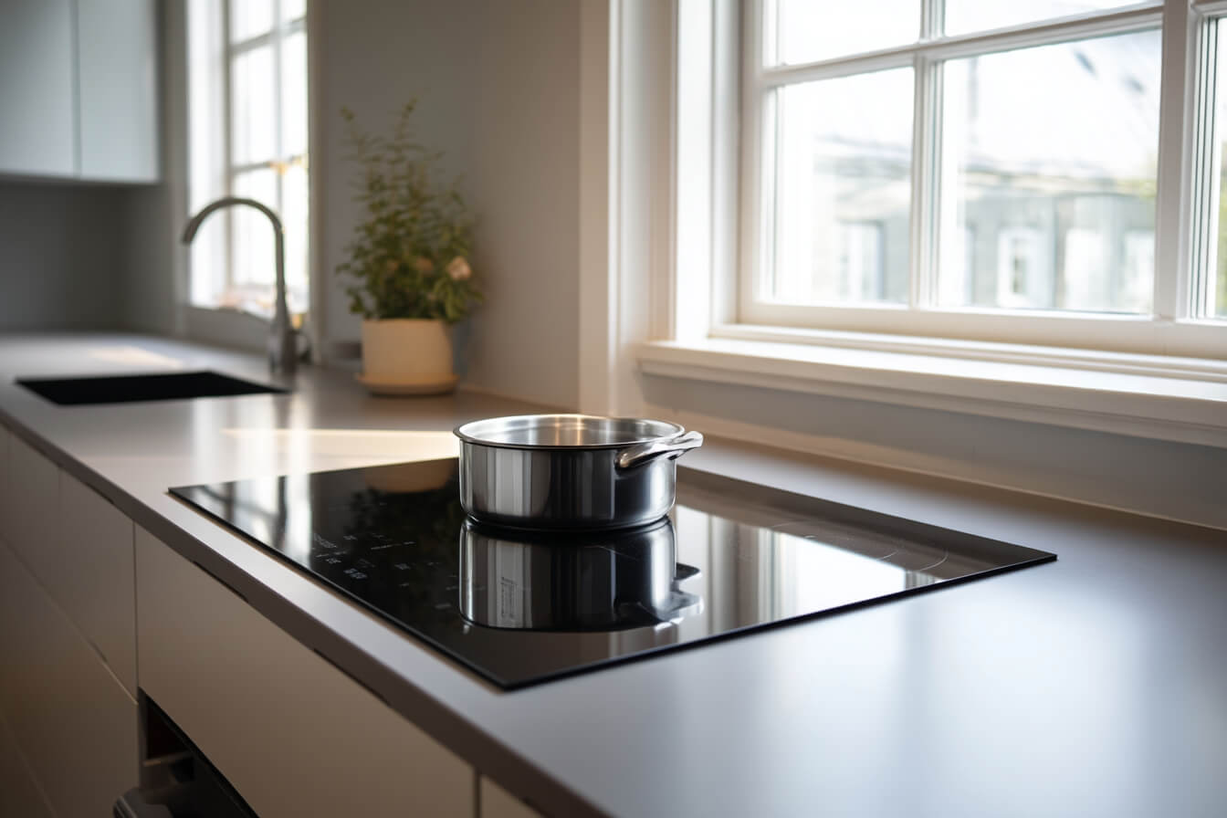 En modern skandinavisk spis med induktionshäll i ett stilrent kök. Fokus på installation och elsäkerhet.