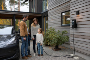 En familj som installerat en laddbox för elbil med hjälp av en auktoriserad elektriker.