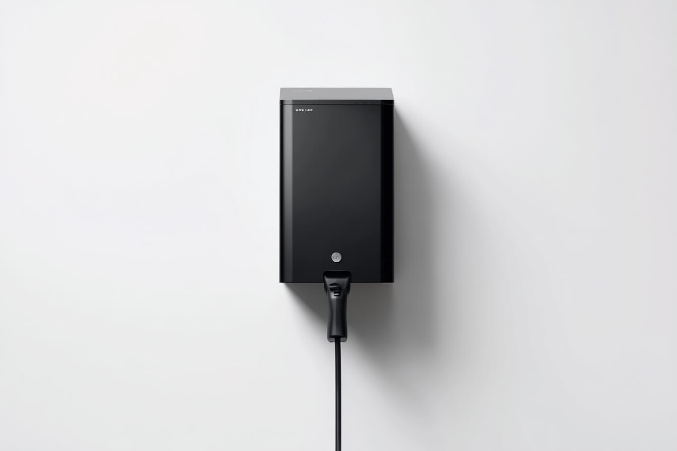 Enkel och stilren laddbox monterad på en vägg i ett garage, med fokus på ren design och funktionalitet.