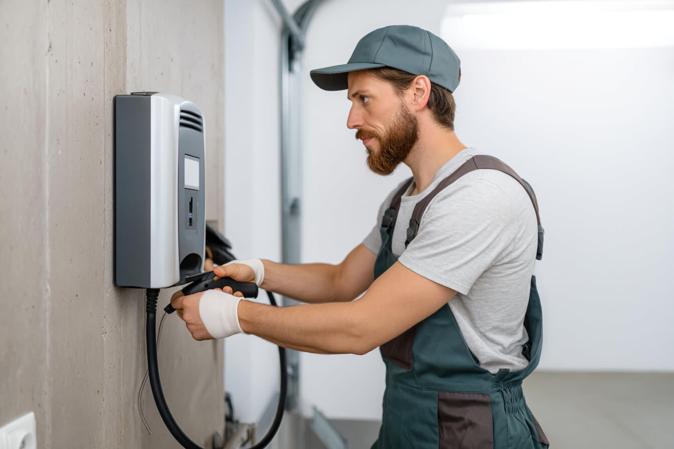 En elektriker installerar en laddbox i ett garage. Viktigt att elföretaget är registrerat hos Elsäkerhetsverket och har rätt behörighet för installationen.
