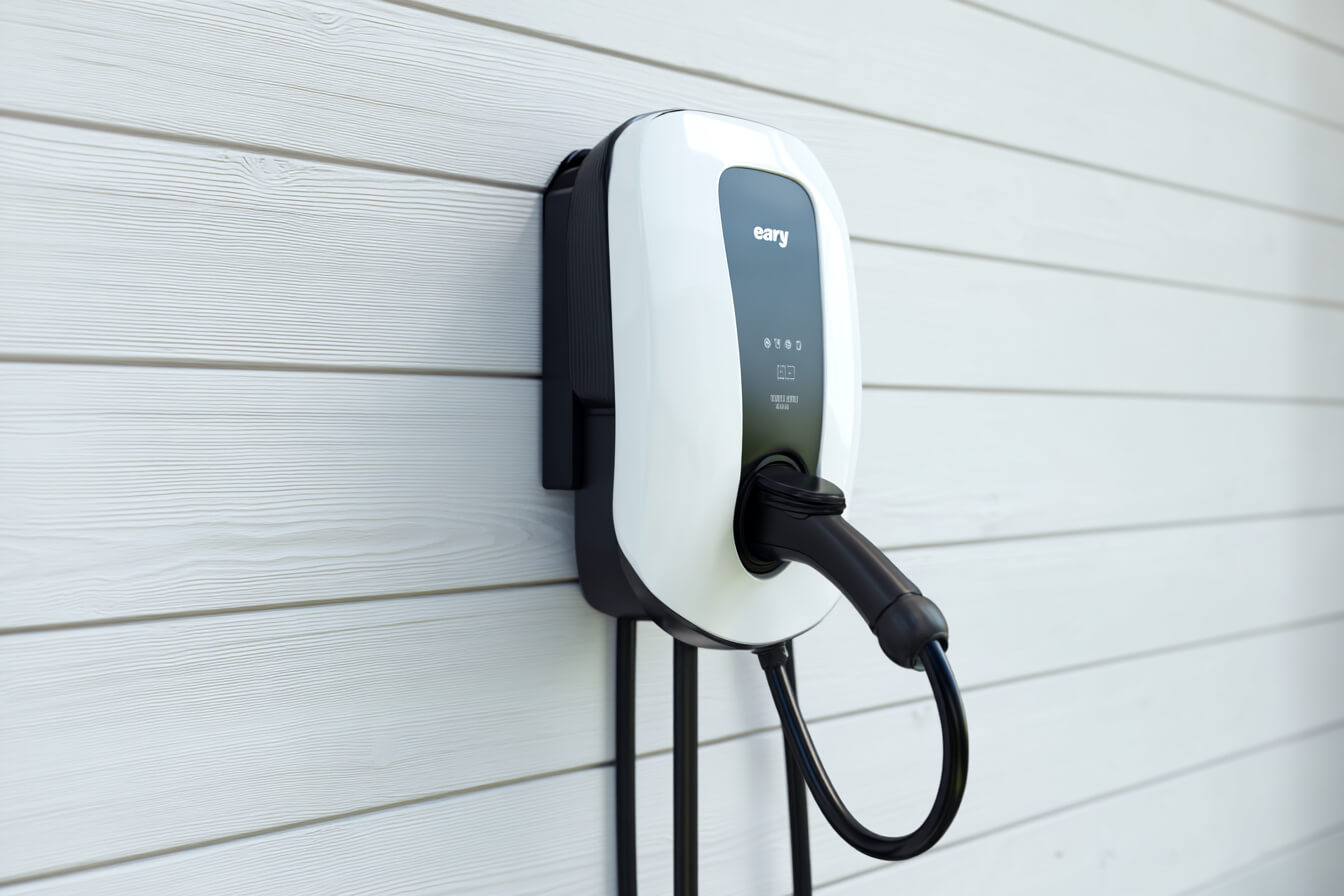 En modern laddbox installerad på en vägg i ett skandinaviskt hem, med fokus på säkerhet och korrekta elinstallationer.