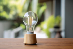 En LED-lampa lyser i en modern skandinavisk lampa, vilket illustrerar energieffektivitet och lång livslängd. Ingen text.
