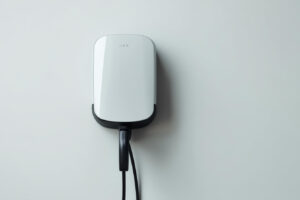 Minimalistisk bild av en laddbox på en ren vägg, med fokus på enkelhet och modern design.