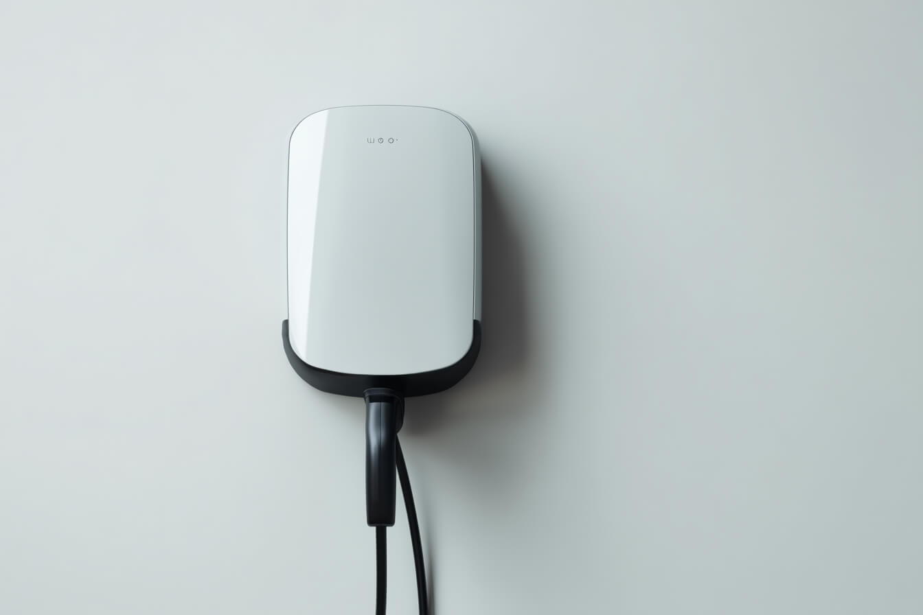 Minimalistisk bild av en laddbox på en ren vägg, med fokus på enkelhet och modern design.