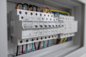 En modern normcentral installerad i ett svenskt hem, visar automatsäkringar och jordfelsbrytare. Ingen text.