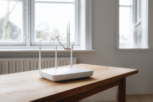 En router placerad på ett träbord i ett minimalistiskt skandinaviskt vardagsrum, som visar både trådlös och trådbunden nätverksanslutning.