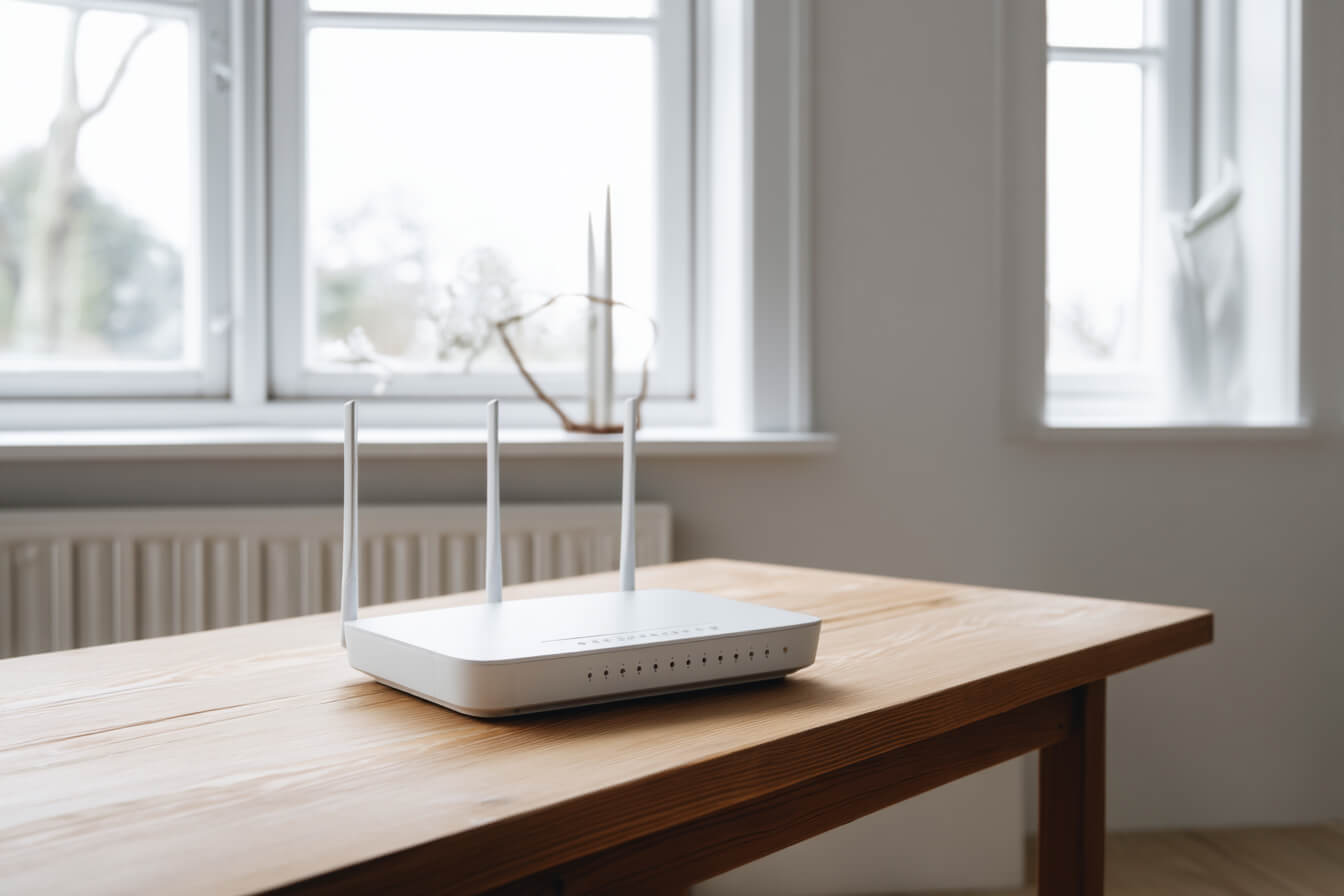 En router placerad på ett träbord i ett minimalistiskt skandinaviskt vardagsrum, som visar både trådlös och trådbunden nätverksanslutning.