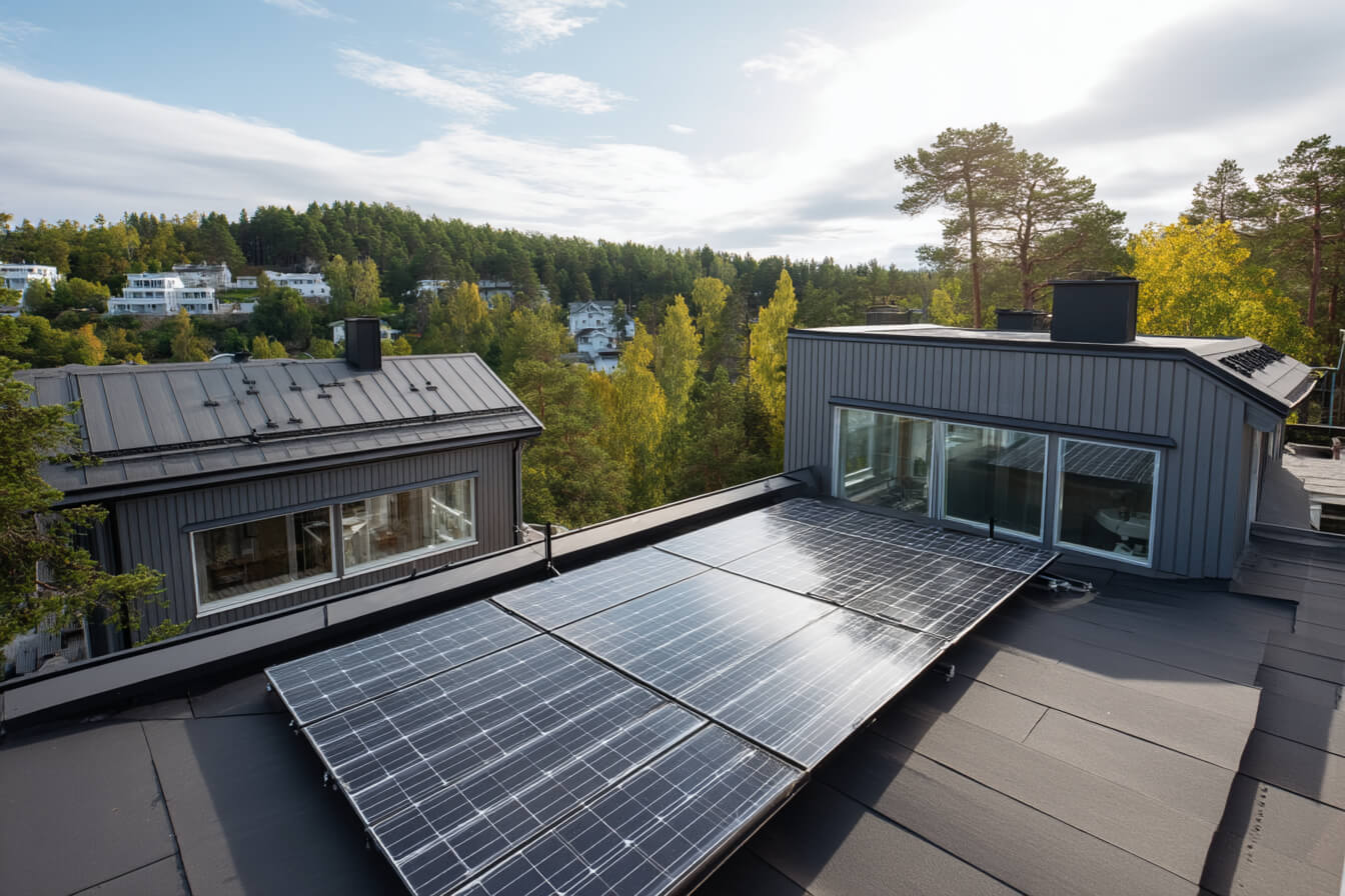 Ett tak med solcellspaneler på ett modernt skandinaviskt hus, vilket visar hållbar energi och minskade elkostnader.