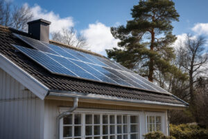 Ett tak täckt med solpaneler på en villa i Sverige, som visar konceptet förnybar energi och minskade elkostnader. Bilden betonar hållbarhet och investeringar i grön teknik.