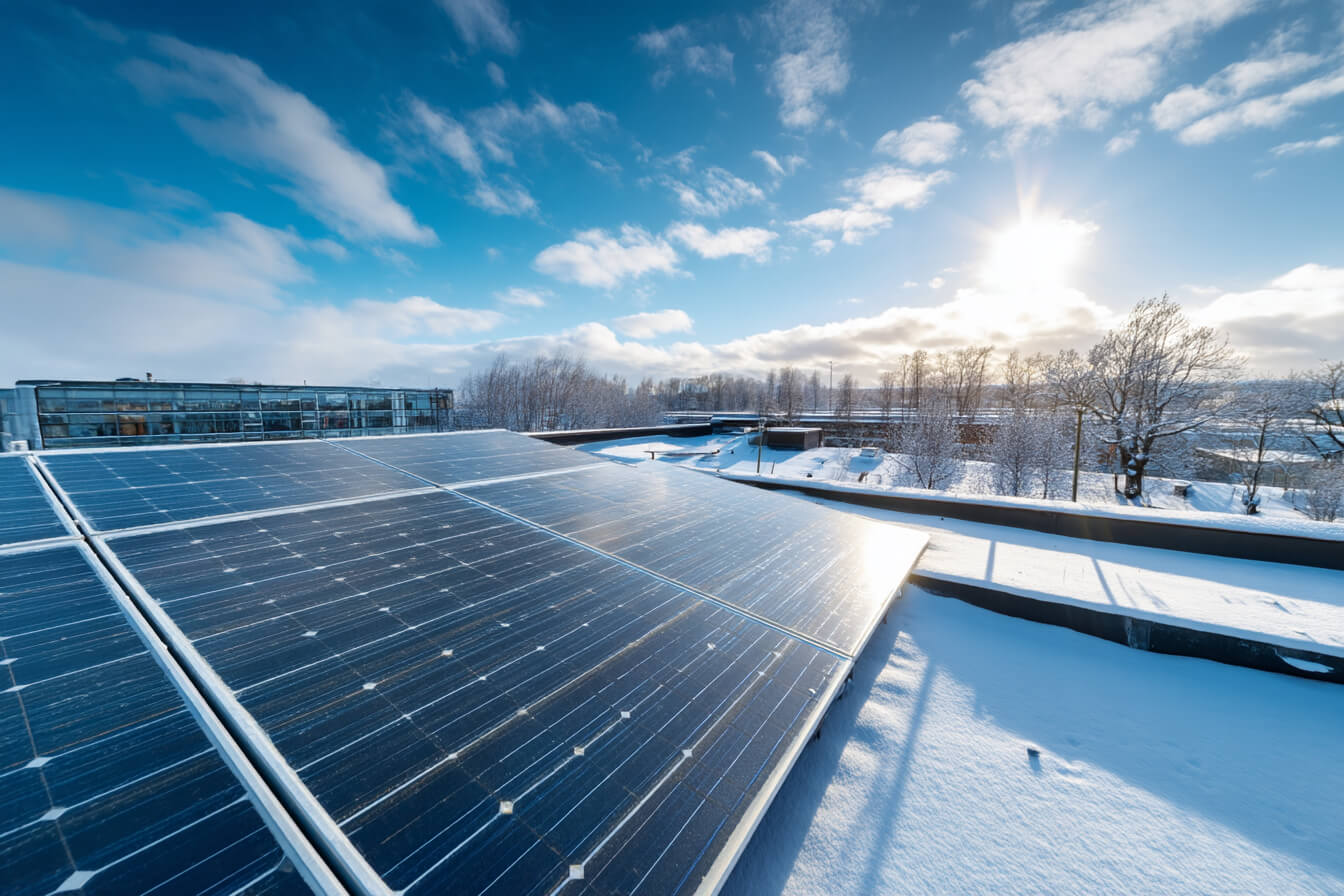 En solpanel på ett tak i skandinavisk stil, omgiven av snö, som visar miljövänlig energiproduktion under en solig vinterdag.