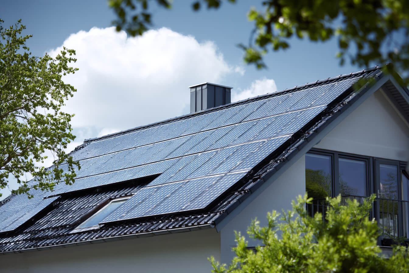 Ett hustak i Skandinavien täckt med solpaneler, som visar förnybar energi och minskade elkostnader. Inga människor syns.